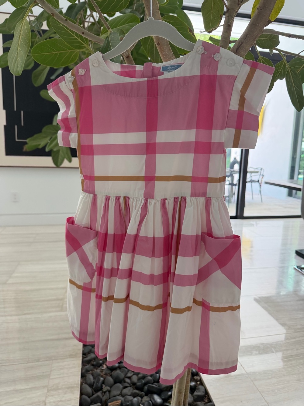 Jacadi Pink and Cream Plaid Cotton Dress with Pockets